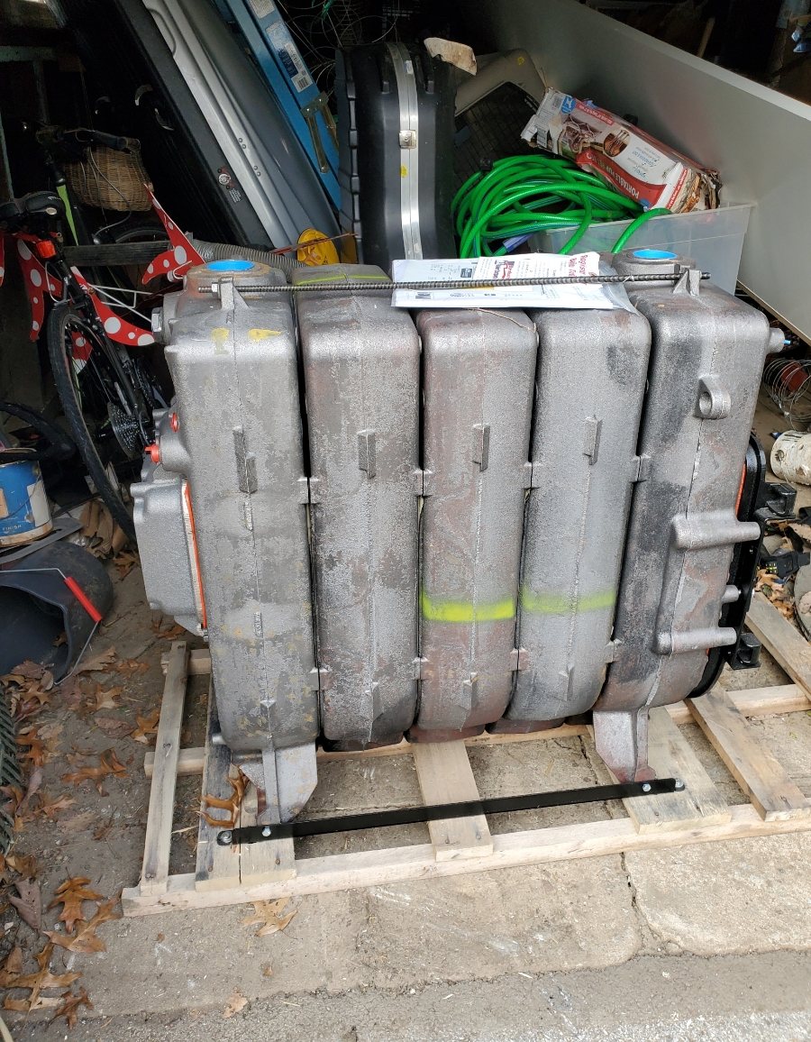 A cast iron boiler block built up on the pallet